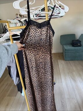 Leopard Print Slip Maxi Dress with Lace Trim - Brown